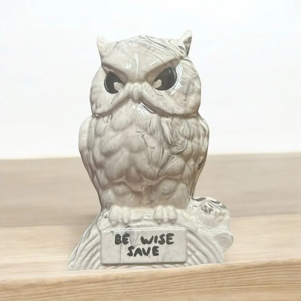 Vintage 70’s Ceramic Owl Coin Bank Be Wise Save Decorative White Grayish No Plug